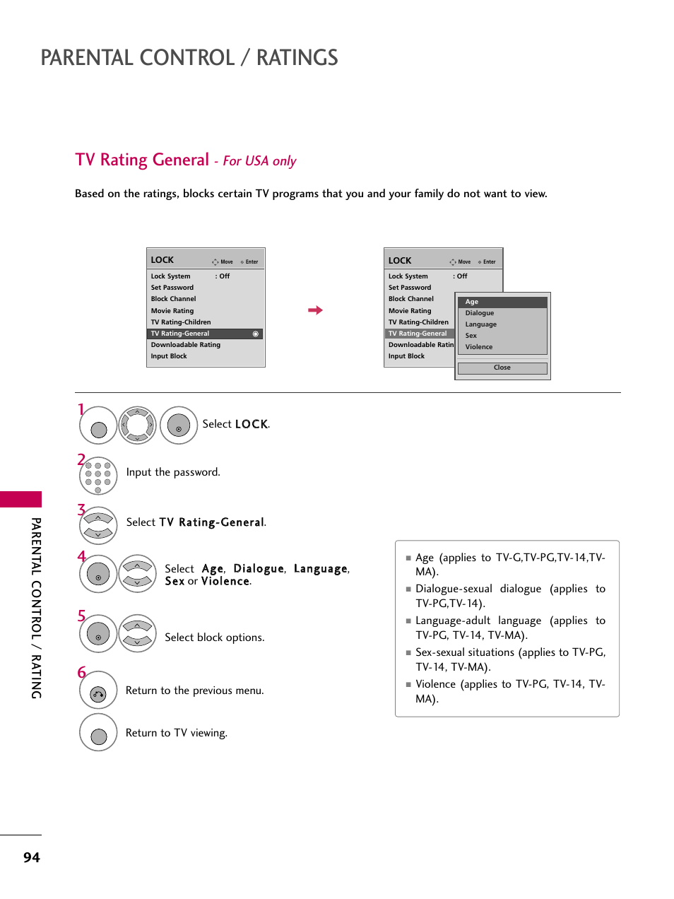 Tv rating general - for usa only, Parental control / ratings, Tv rating general | For usa only, Parent al contr ol / r ating | LG 3230DC User Manual | Page 94 / 130