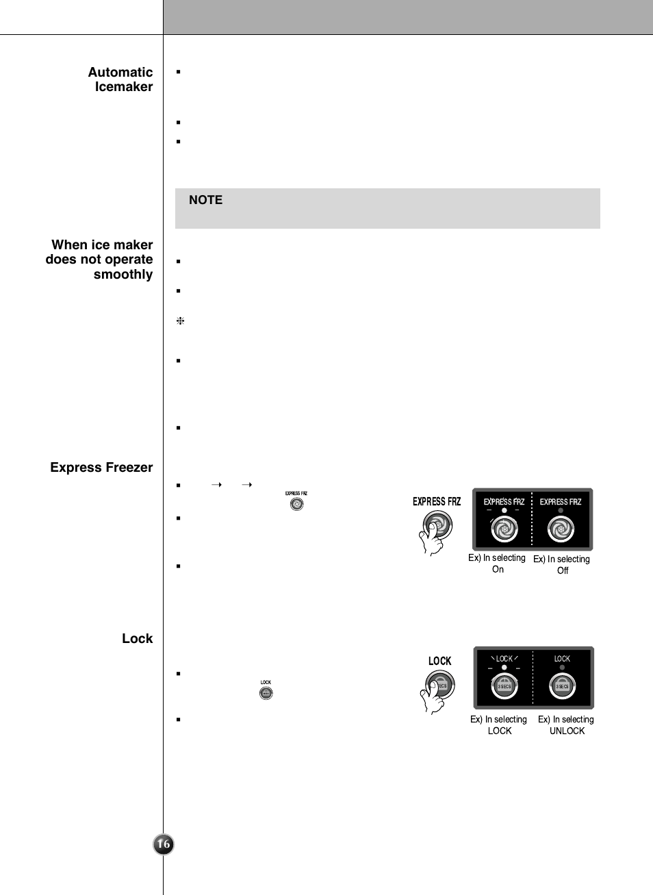 Express freezer, Lock, Please select this function for prompt freezer | LG LSC 26905TT User Manual | Page 16 / 31