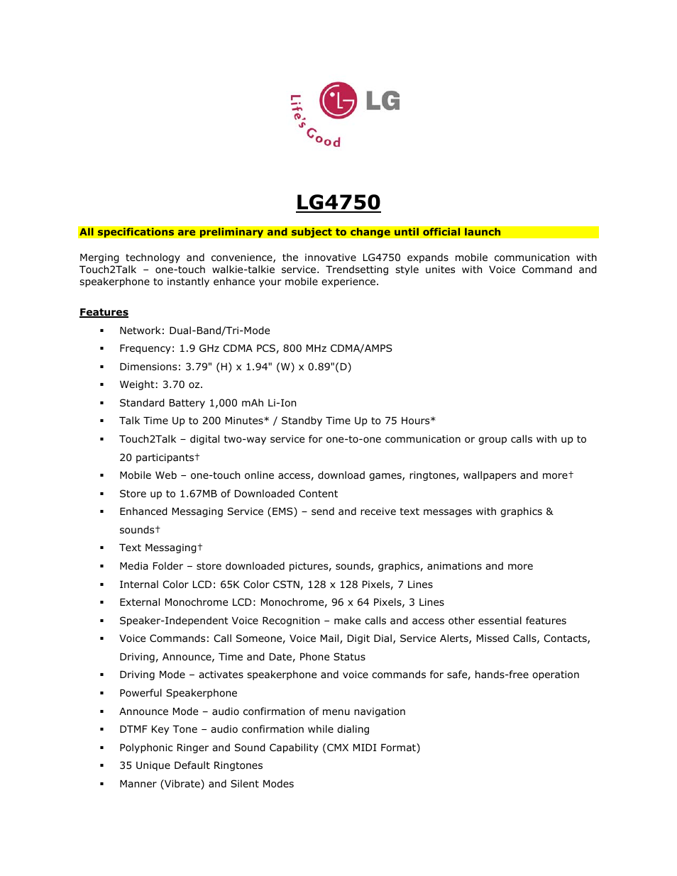 LG 4750 User Manual | 2 pages