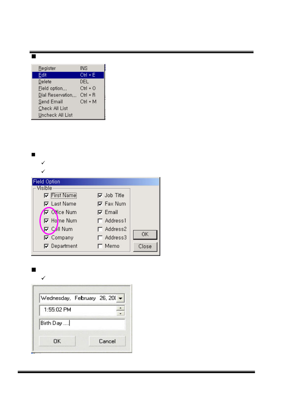 Address popup windows, Column field option windows, Call reservation dialog | LG LDK User Manual | Page 48 / 83