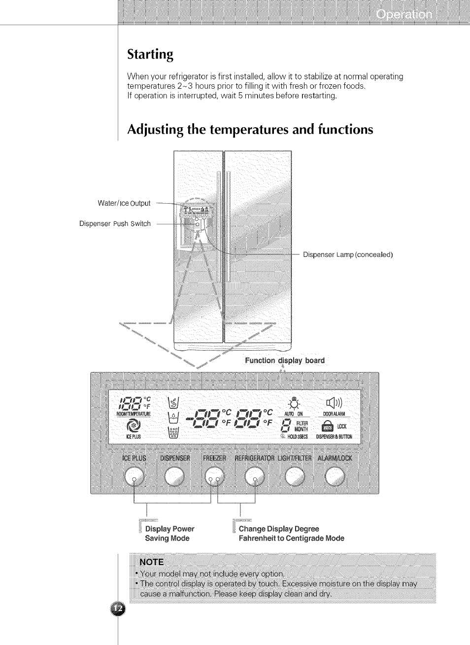 Note, Starting, Adjusting the temperatures and functions | Icn-ius disreijstii | LG LSC 21943ST User Manual | Page 12 / 31