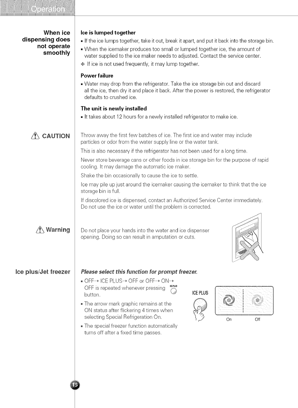 Ice is iumped together, Power faiiure, The unit is newiy instaiied | LG LSC 21943ST User Manual | Page 15 / 31