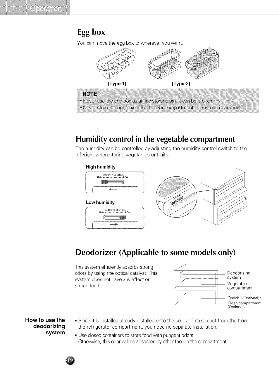 High humidity, Egg box, Humidity control in the vegetable compartment | Deodorizer (applicable to some models only) | LG LSC 21943ST User Manual | Page 19 / 31