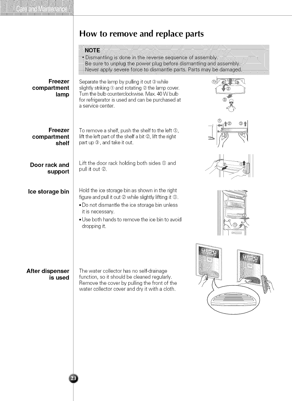 Note, Door rack and support, How to remove and replace parts | LG LSC 21943ST User Manual | Page 23 / 31
