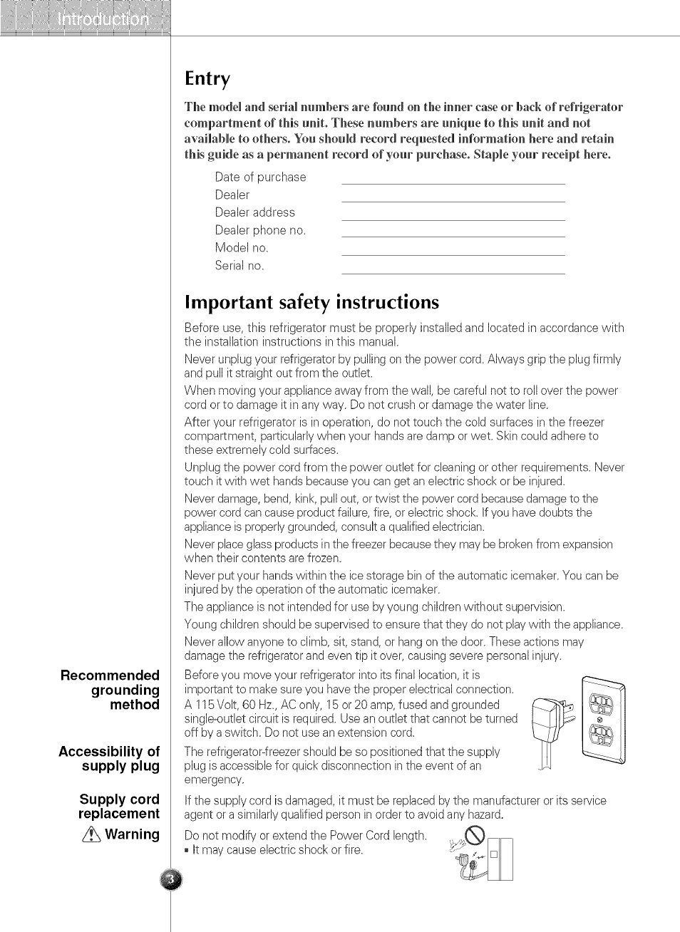 Recommended, Grounding, Method | Accessibility of supply plug, Supply cord replacement, F\ warning, Entry, Important safety instructions | LG LSC 21943ST User Manual | Page 3 / 31