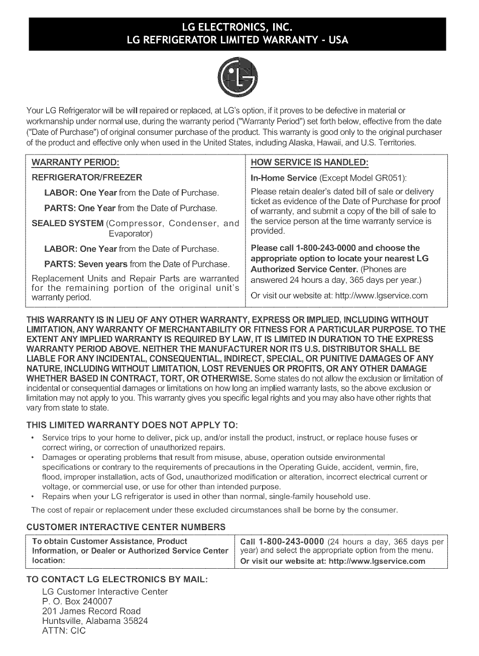 Lg electronics, inc, Lg refrigerator limited warranty, To contact lg electronics by mail | LG LSC 21943ST User Manual | Page 31 / 31