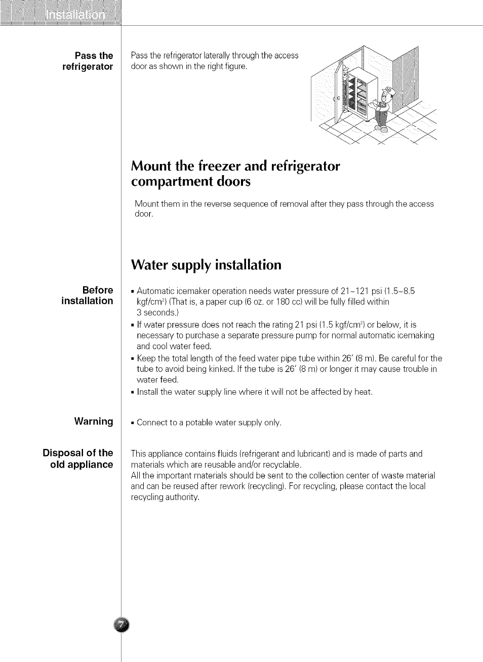 Pass the refrigerator, Before, Installation | Warning, Disposal of the old appliance, Water supply installation | LG LSC 21943ST User Manual | Page 7 / 31