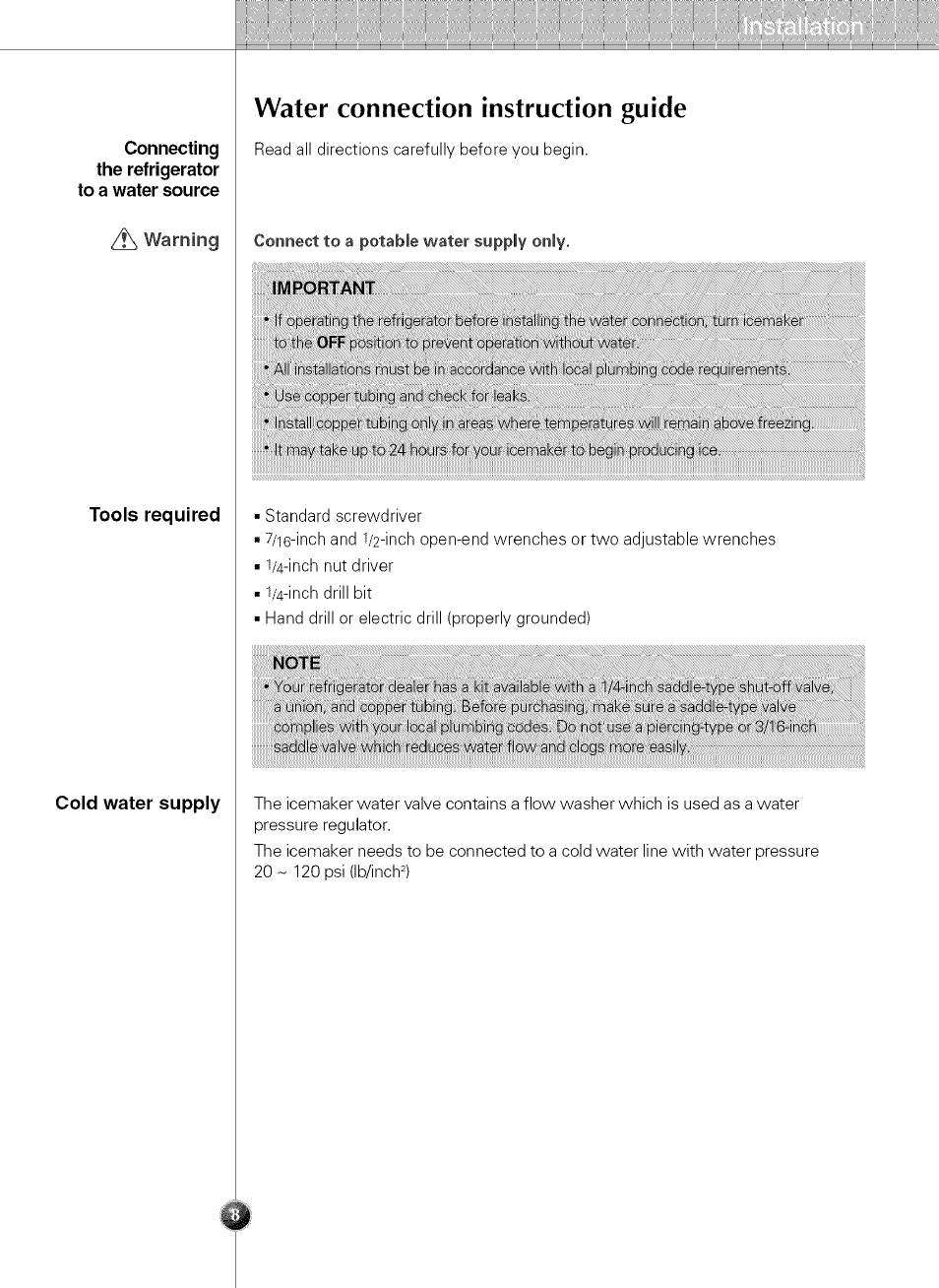 Connecting the refrigerator to a water source, Tools required, Cold water supply | Important, Note, Water connection instruction guide, T\ warning | LG LSC 21943ST User Manual | Page 8 / 31