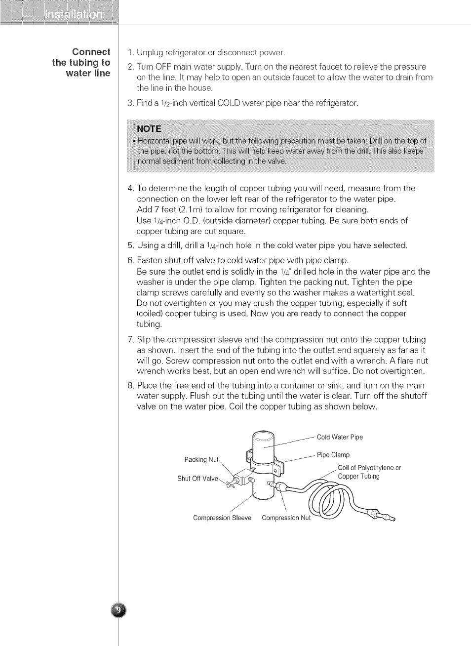 Note, Connect the tubing to water line | LG LSC 21943ST User Manual | Page 9 / 31