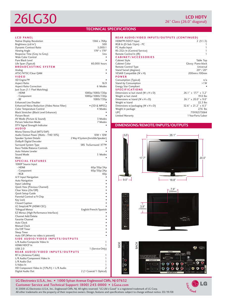 26lg30, Lcd hdtv | LG 2630 User Manual | Page 2 / 2