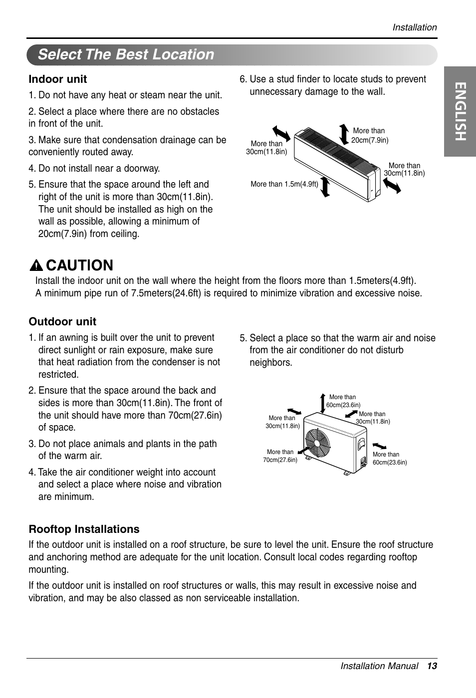 English, Select the best location, Outdoor unit | Rooftop installations, Indoor unit | LG 3828A30087S User Manual | Page 13 / 33