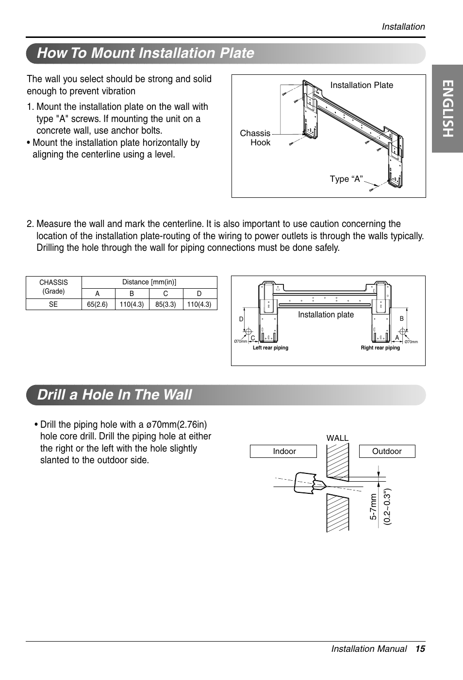 English, How to mount installation plate, Drill a hole in the wall | LG 3828A30087S User Manual | Page 15 / 33