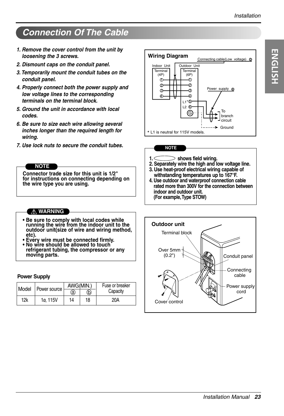 English, Connecting the piping connection of the cable | LG 3828A30087S User Manual | Page 23 / 33