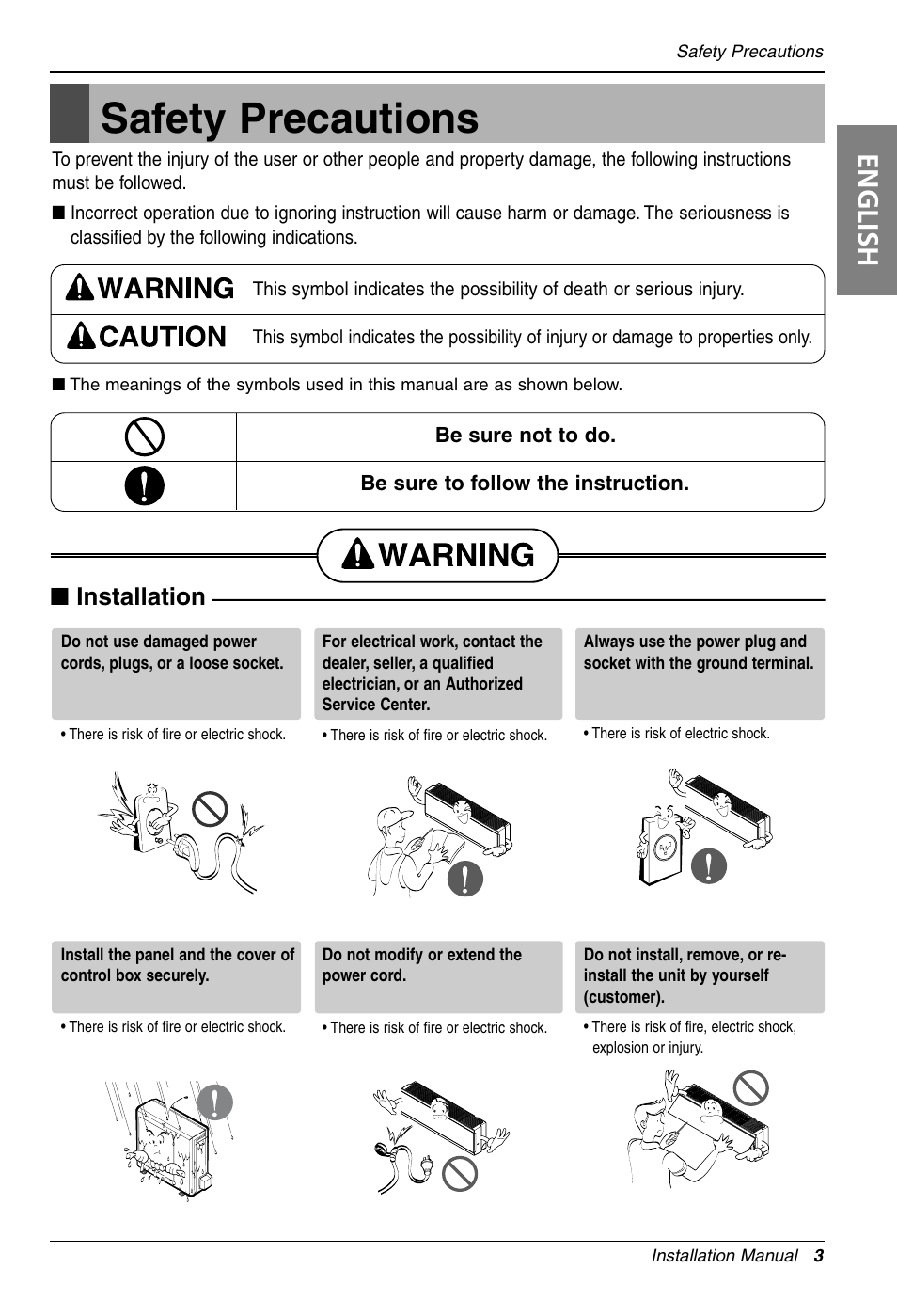 Safety precautions, English, Installation | LG 3828A30087S User Manual | Page 3 / 33