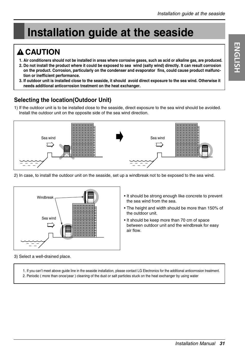 Installation guide at the seaside, English, Selecting the location(outdoor unit) | LG 3828A30087S User Manual | Page 31 / 33