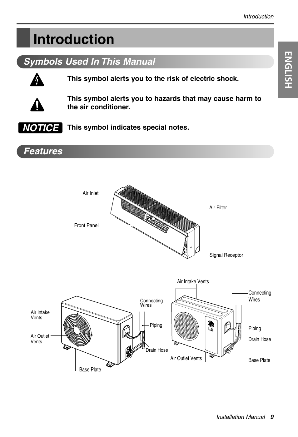 Introduction, Notice, English | Symbols used in this manual features | LG 3828A30087S User Manual | Page 9 / 33