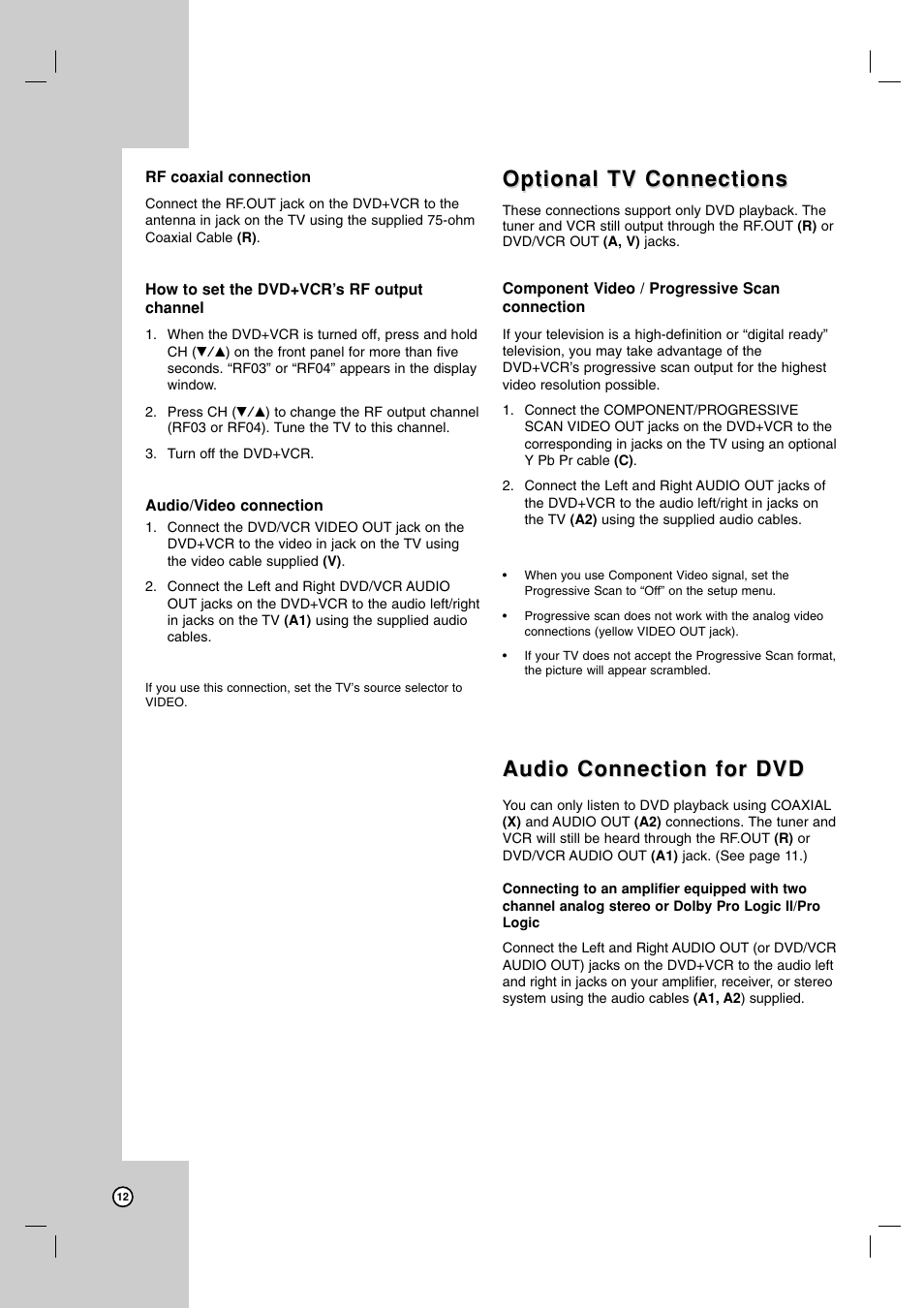 Optional tv connections, Audio connection for dvd | Zenith ZDX-313 User Manual | Page 12 / 40