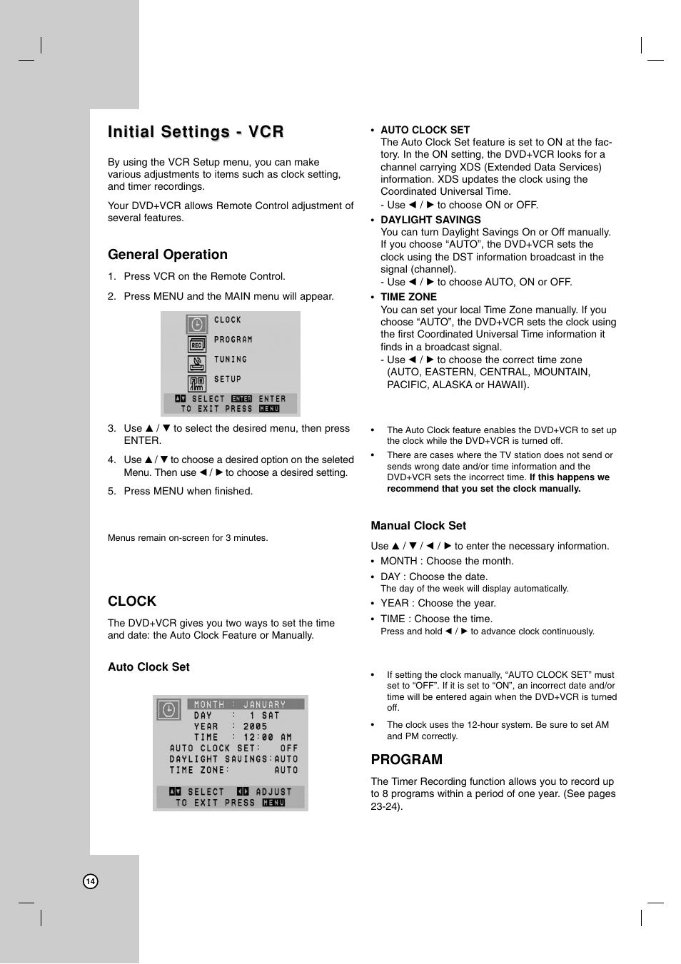 Initial settings - vcr, General operation, Clock | Program | Zenith ZDX-313 User Manual | Page 14 / 40