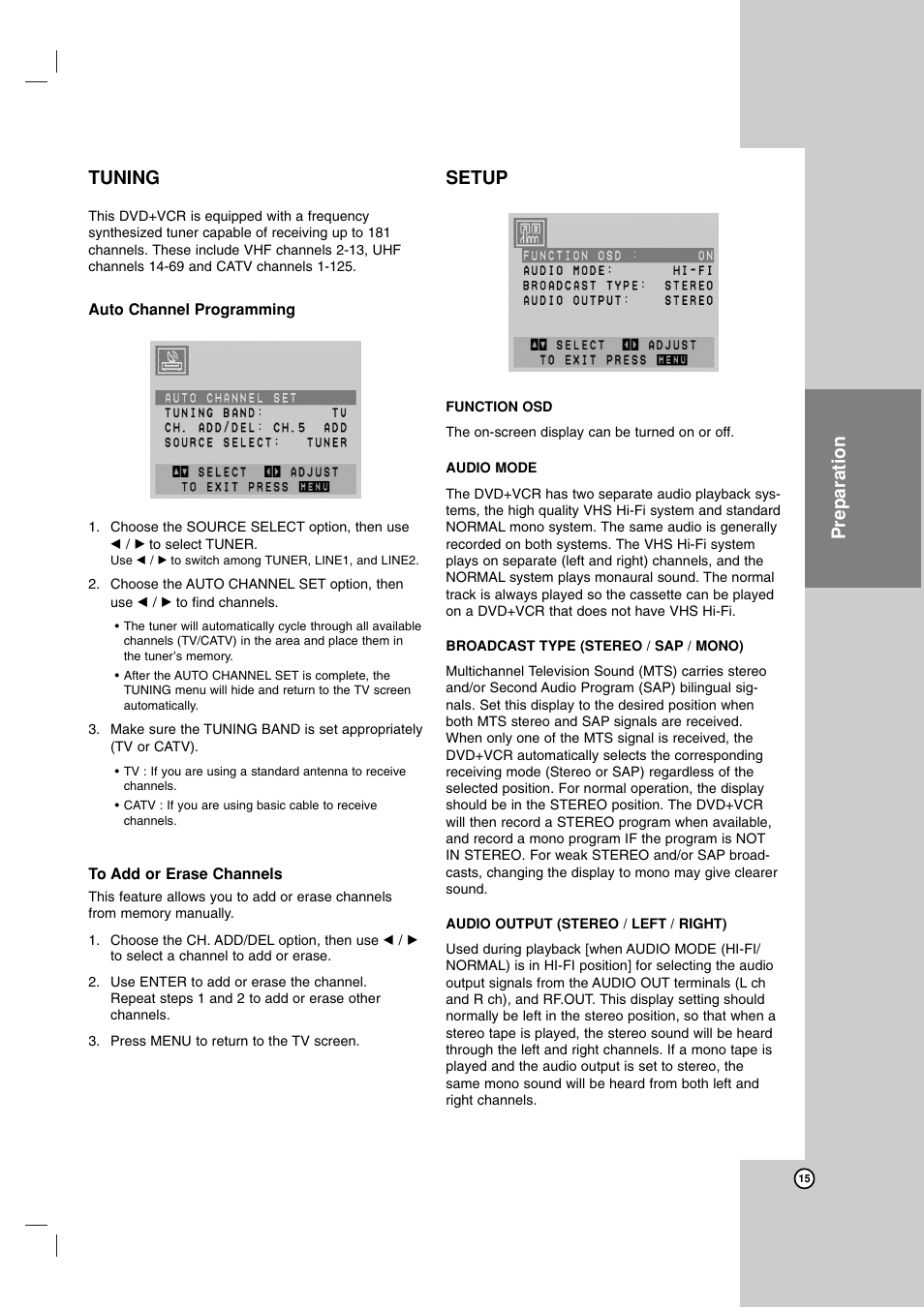 Preparation tuning, Setup | Zenith ZDX-313 User Manual | Page 15 / 40
