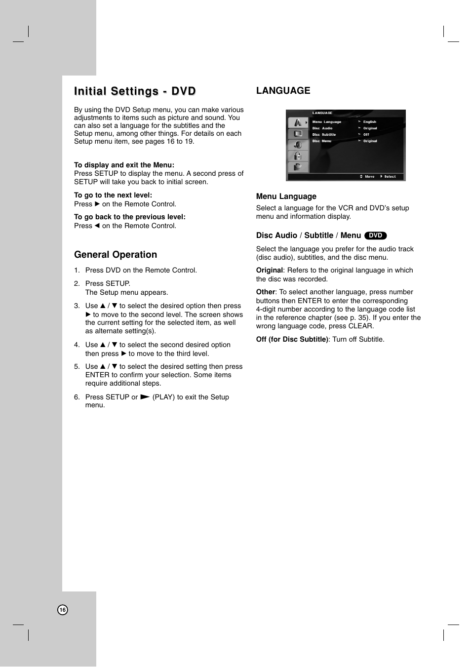 Initial settings - dvd, General operation, Language | Zenith ZDX-313 User Manual | Page 16 / 40