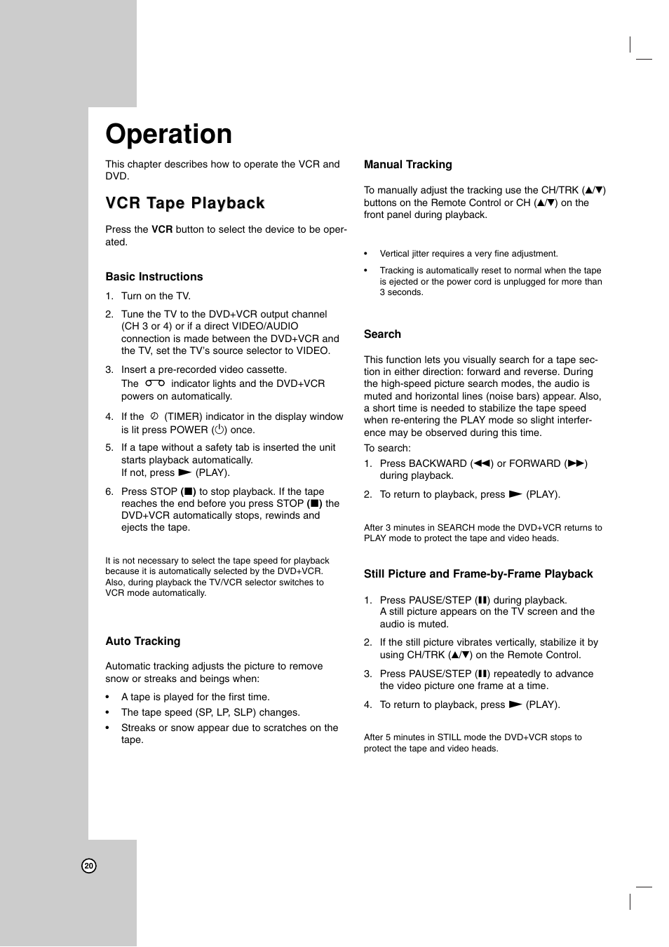 Operation, Vcr t, Vcr t ape playback ape playback | Zenith ZDX-313 User Manual | Page 20 / 40