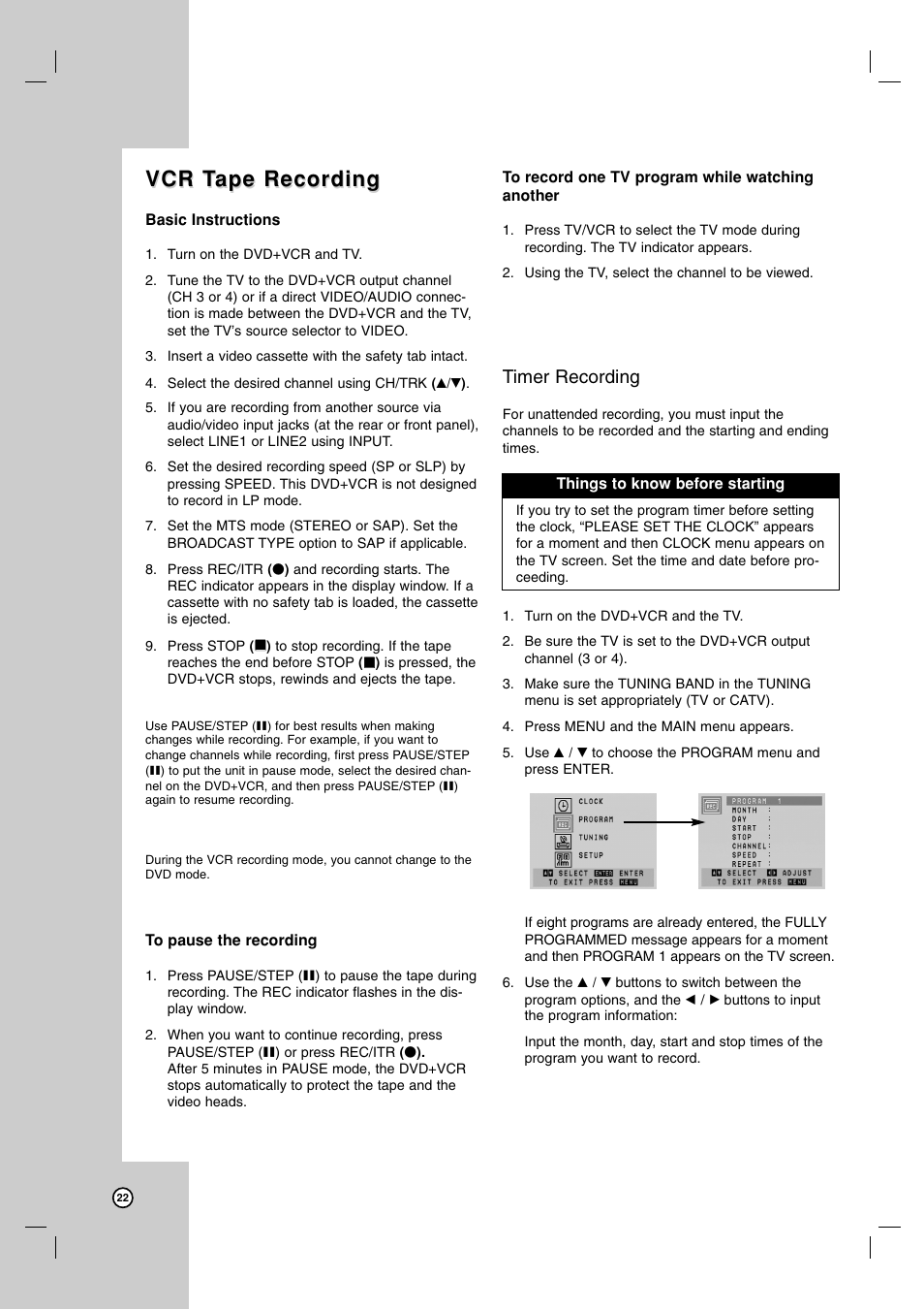 Vcr t, Vcr t ape recording ape recording, Timer recording | Zenith ZDX-313 User Manual | Page 22 / 40