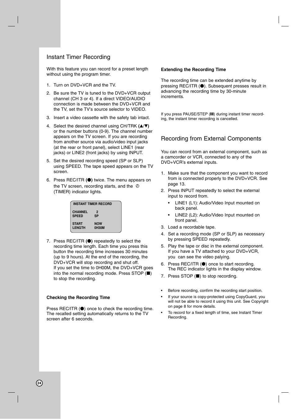Instant timer recording, Recording from external components | Zenith ZDX-313 User Manual | Page 24 / 40