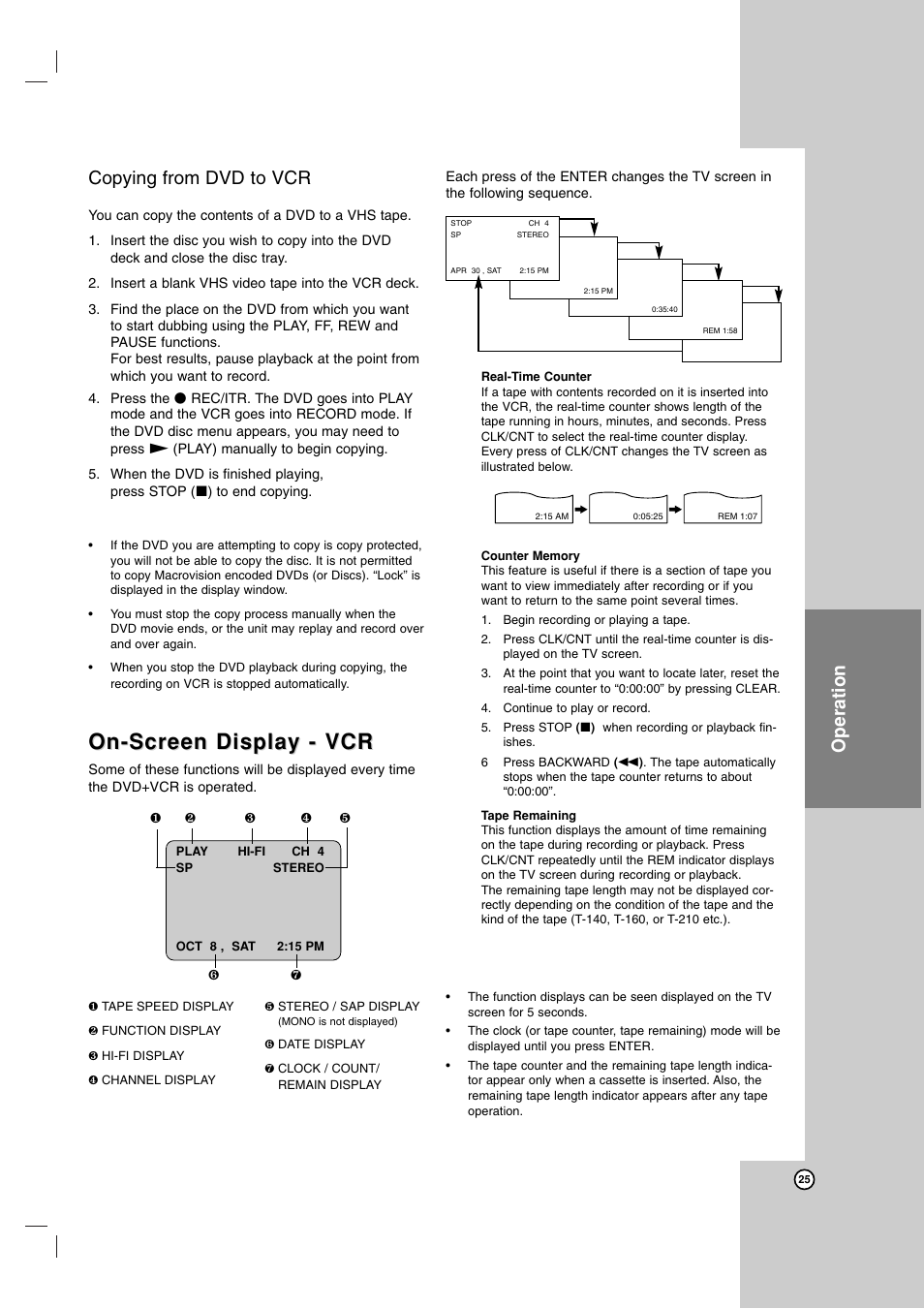 On-screen display - vcr, Operation copying from dvd to vcr | Zenith ZDX-313 User Manual | Page 25 / 40