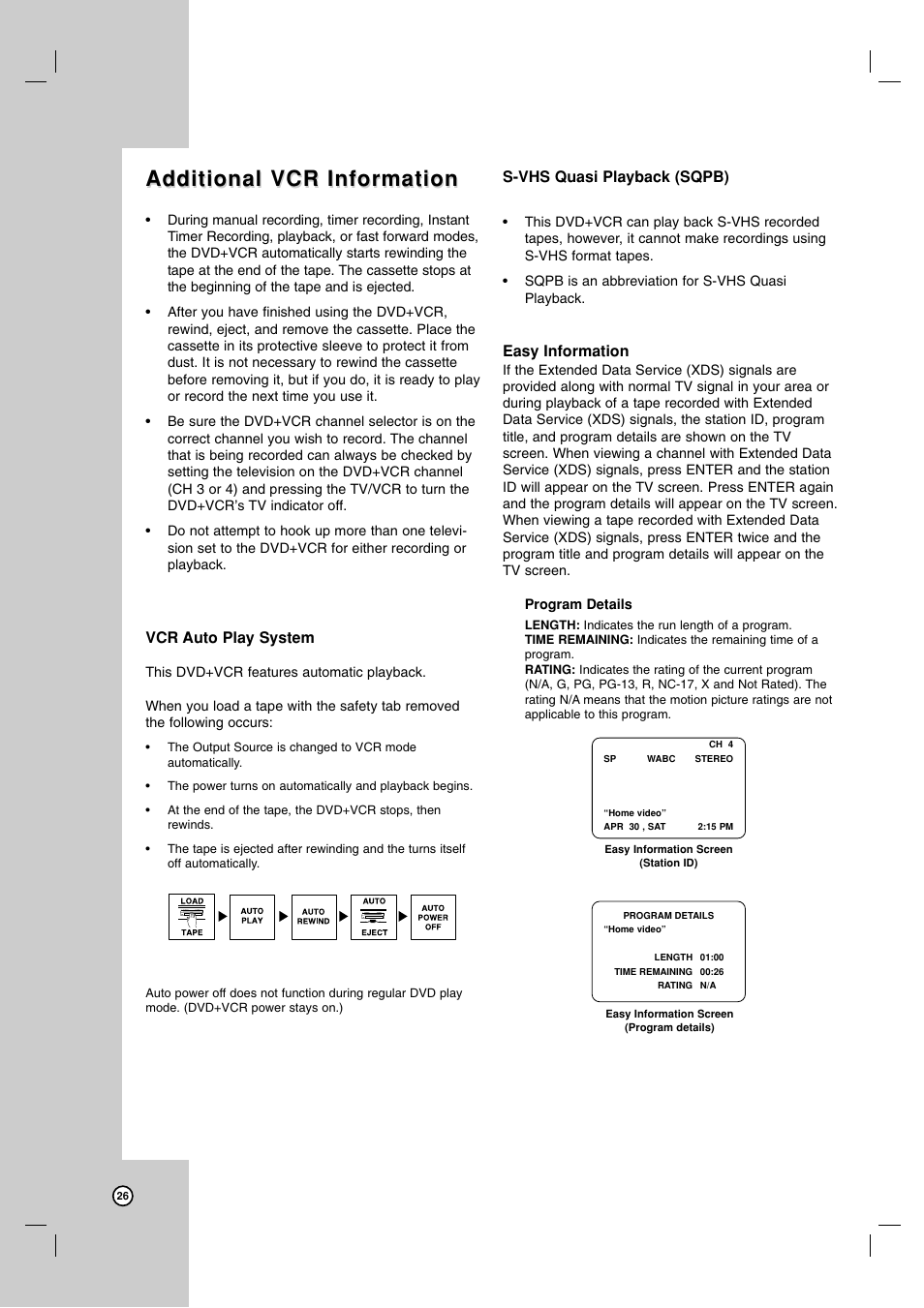 Additional vcr information, Vcr auto play system, S-vhs quasi playback (sqpb) | Easy information | Zenith ZDX-313 User Manual | Page 26 / 40