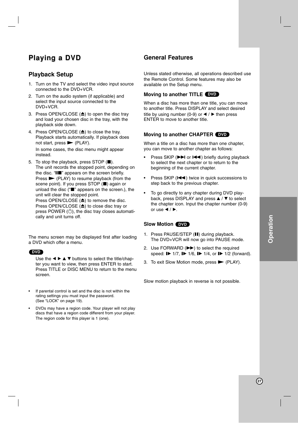 Playing a dvd, Operation, Playback setup | General features | Zenith ZDX-313 User Manual | Page 27 / 40