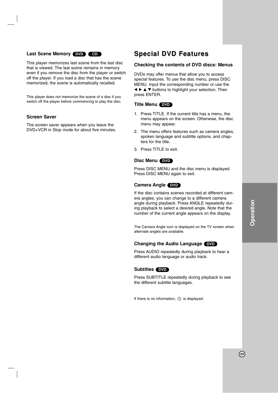 Special dvd features, Operation | Zenith ZDX-313 User Manual | Page 29 / 40