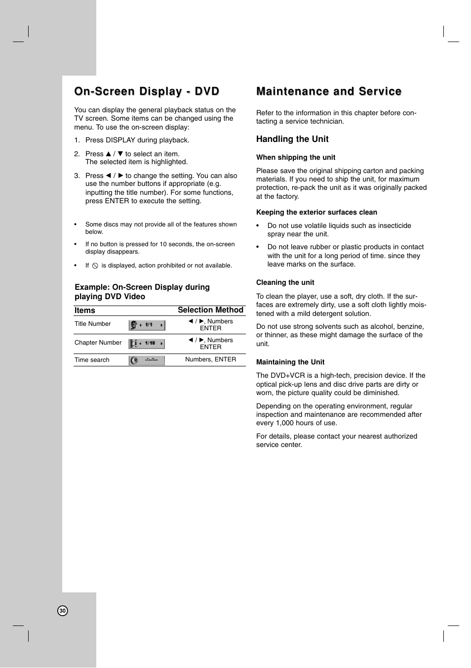 On-screen display - dvd, Maintenance and service | Zenith ZDX-313 User Manual | Page 30 / 40
