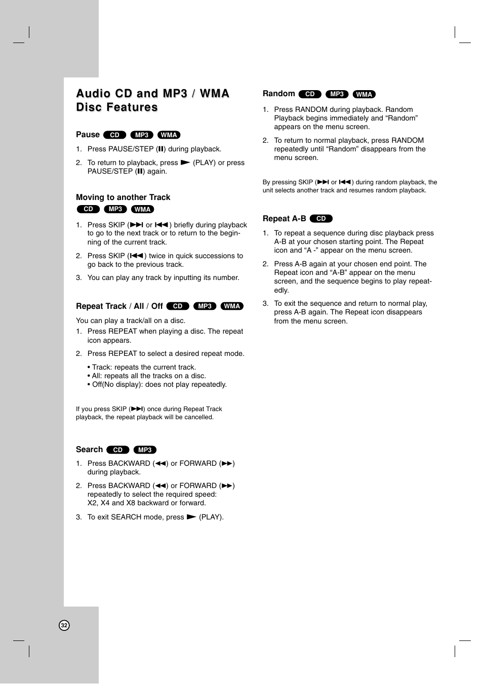 Audio cd and mp3 / wma, Audio cd and mp3 / wma disc features disc features | Zenith ZDX-313 User Manual | Page 32 / 40