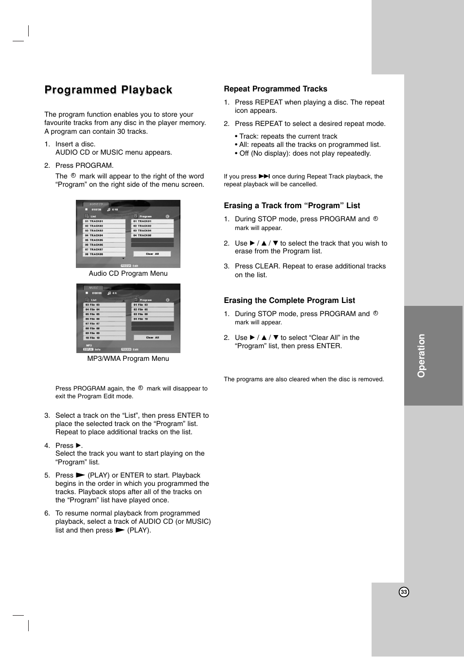 Programmed playback, Operation | Zenith ZDX-313 User Manual | Page 33 / 40