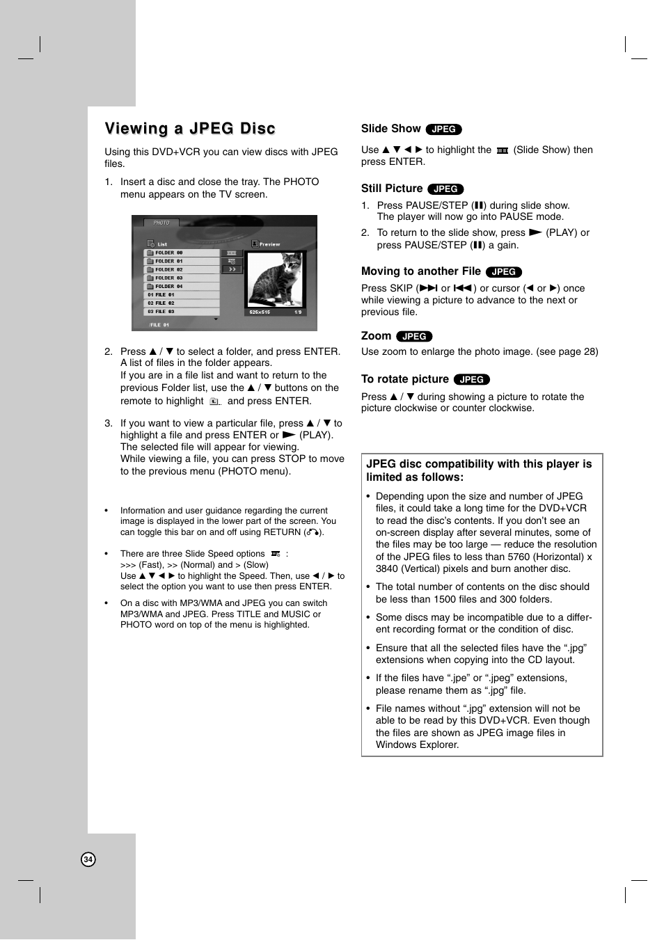 Viewing a jpeg disc iewing a jpeg disc | Zenith ZDX-313 User Manual | Page 34 / 40