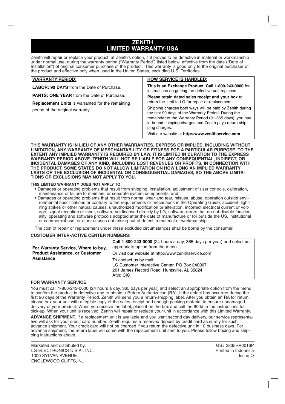Zenith limited warranty-usa | Zenith ZDX-313 User Manual | Page 40 / 40