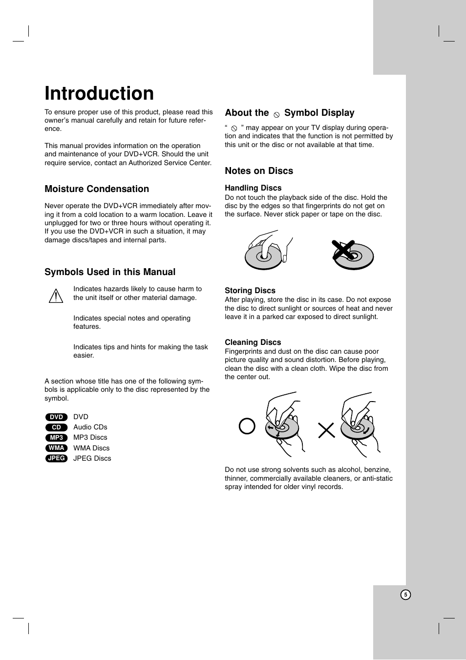 Introduction, Moisture condensation, Symbols used in this manual | About the symbol display | Zenith ZDX-313 User Manual | Page 5 / 40