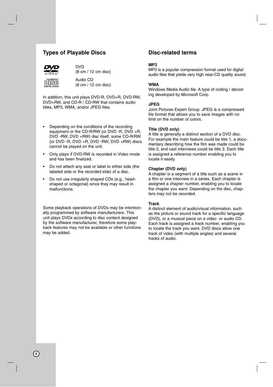 Types of playable discs, Disc-related terms | Zenith ZDX-313 User Manual | Page 6 / 40