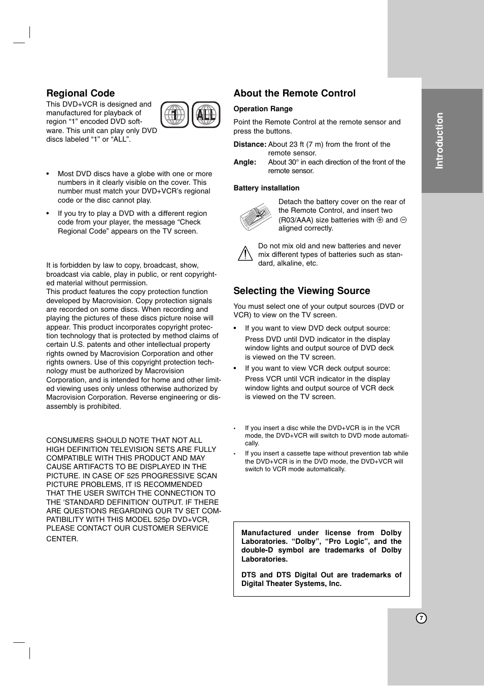 1all, Introduction regional code, About the remote control | Selecting the viewing source | Zenith ZDX-313 User Manual | Page 7 / 40