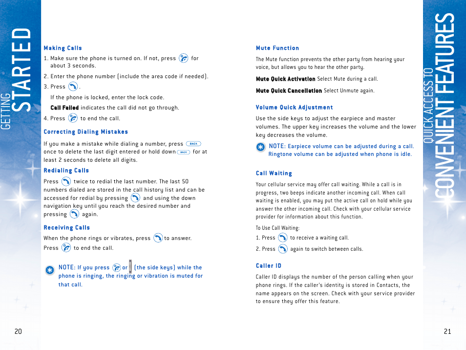 Co n ve ni en t f ea tu re s, St a r te d, Qu ic k a cc es s to | Ge tt in g | LG DM L200 User Manual | Page 13 / 63