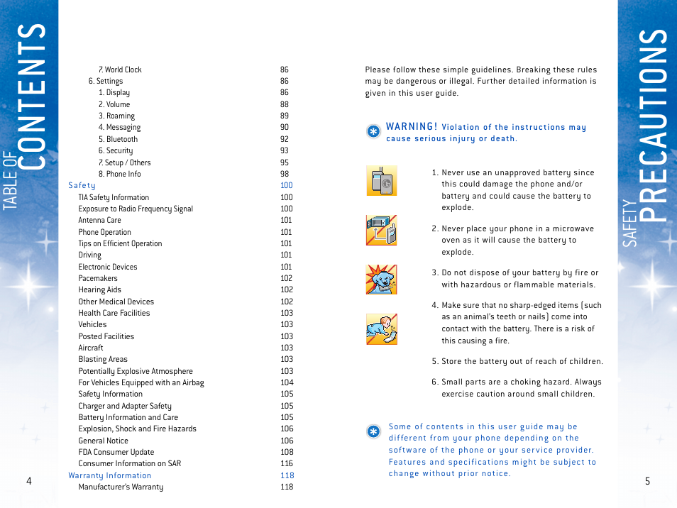 Co n te n ts, Pr e c au ti o n s, Ta bl e of | Sa fe ty | LG DM L200 User Manual | Page 5 / 63