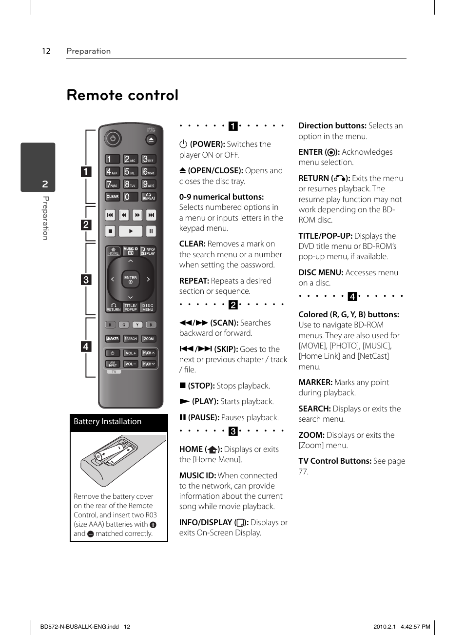 Remote control | LG LASER SYSTEM - D??SC BD570 User Manual | Page 12 / 92