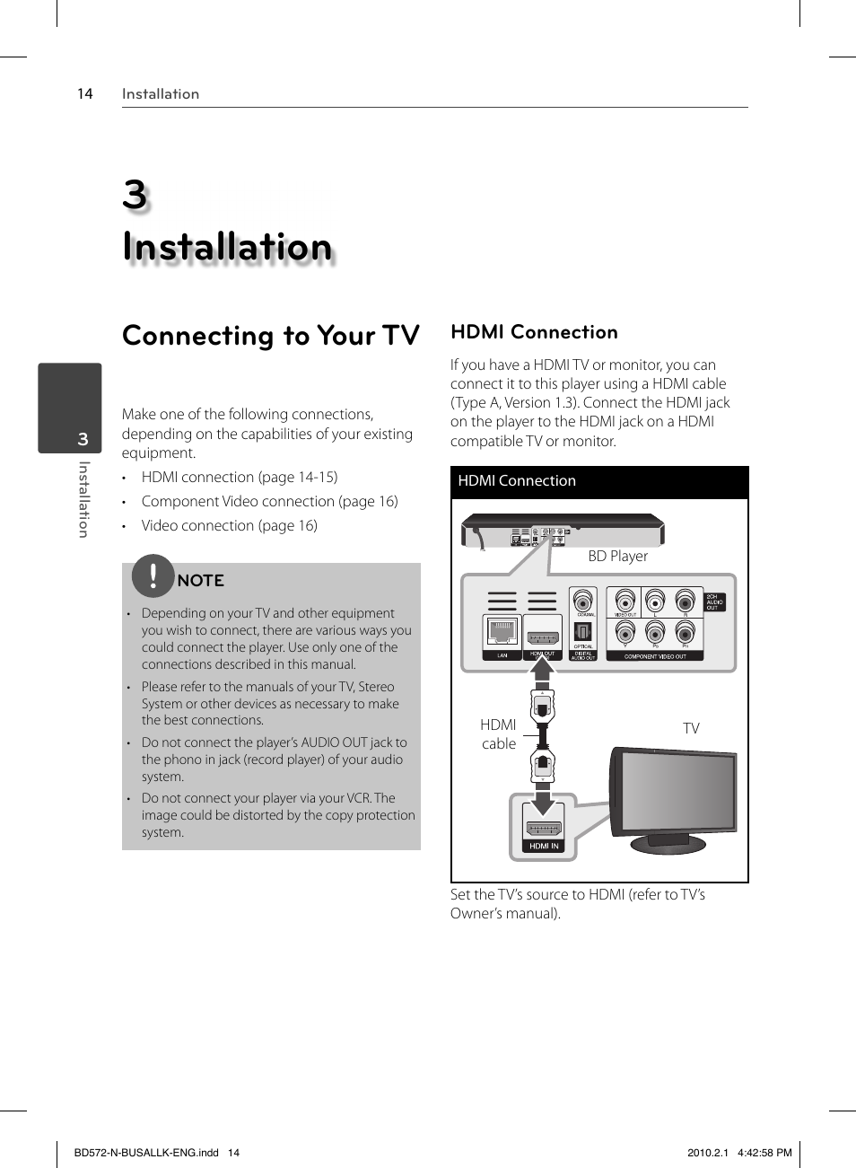 3 installation, Connecting to your tv, Hdmi connection | LG LASER SYSTEM - D??SC BD570 User Manual | Page 14 / 92