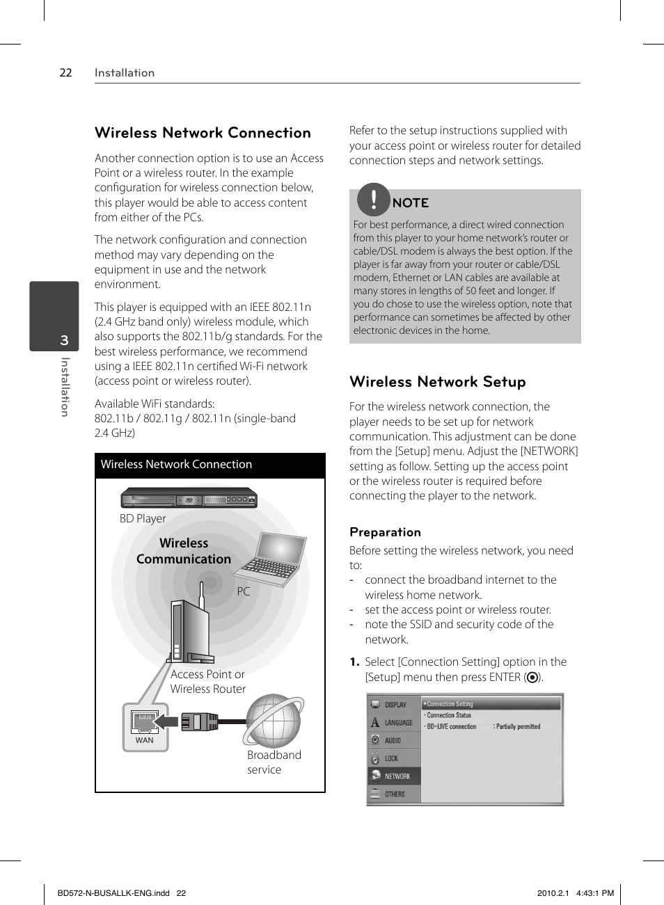 Wireless network connection, Wireless network setup | LG LASER SYSTEM - D??SC BD570 User Manual | Page 22 / 92