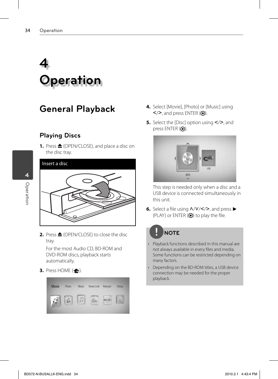 4 operation, General playback, Playing discs | LG LASER SYSTEM - D??SC BD570 User Manual | Page 34 / 92