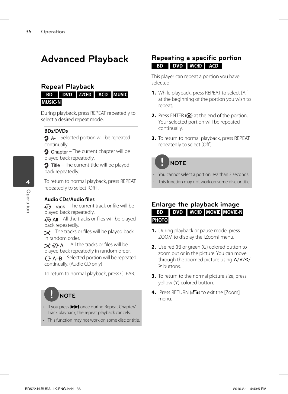 Advanced playback, Repeat playback, Repeating a speciﬁ c portion | Enlarge the playback image | LG LASER SYSTEM - D??SC BD570 User Manual | Page 36 / 92