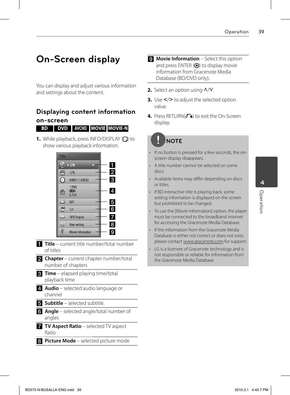 On-screen display, Displaying content information on-screen | LG LASER SYSTEM - D??SC BD570 User Manual | Page 39 / 92