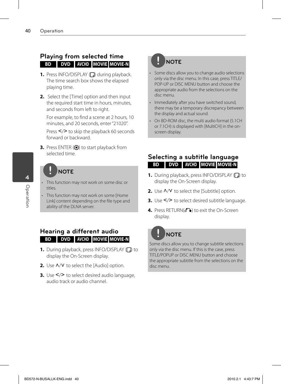 Playing from selected time, Hearing a different audio, Selecting a subtitle language | LG LASER SYSTEM - D??SC BD570 User Manual | Page 40 / 92