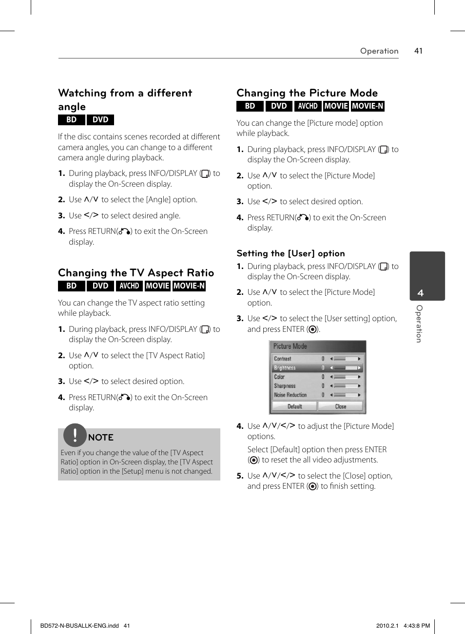 Watching from a different angle, Changing the tv aspect ratio, Changing the picture mode | LG LASER SYSTEM - D??SC BD570 User Manual | Page 41 / 92