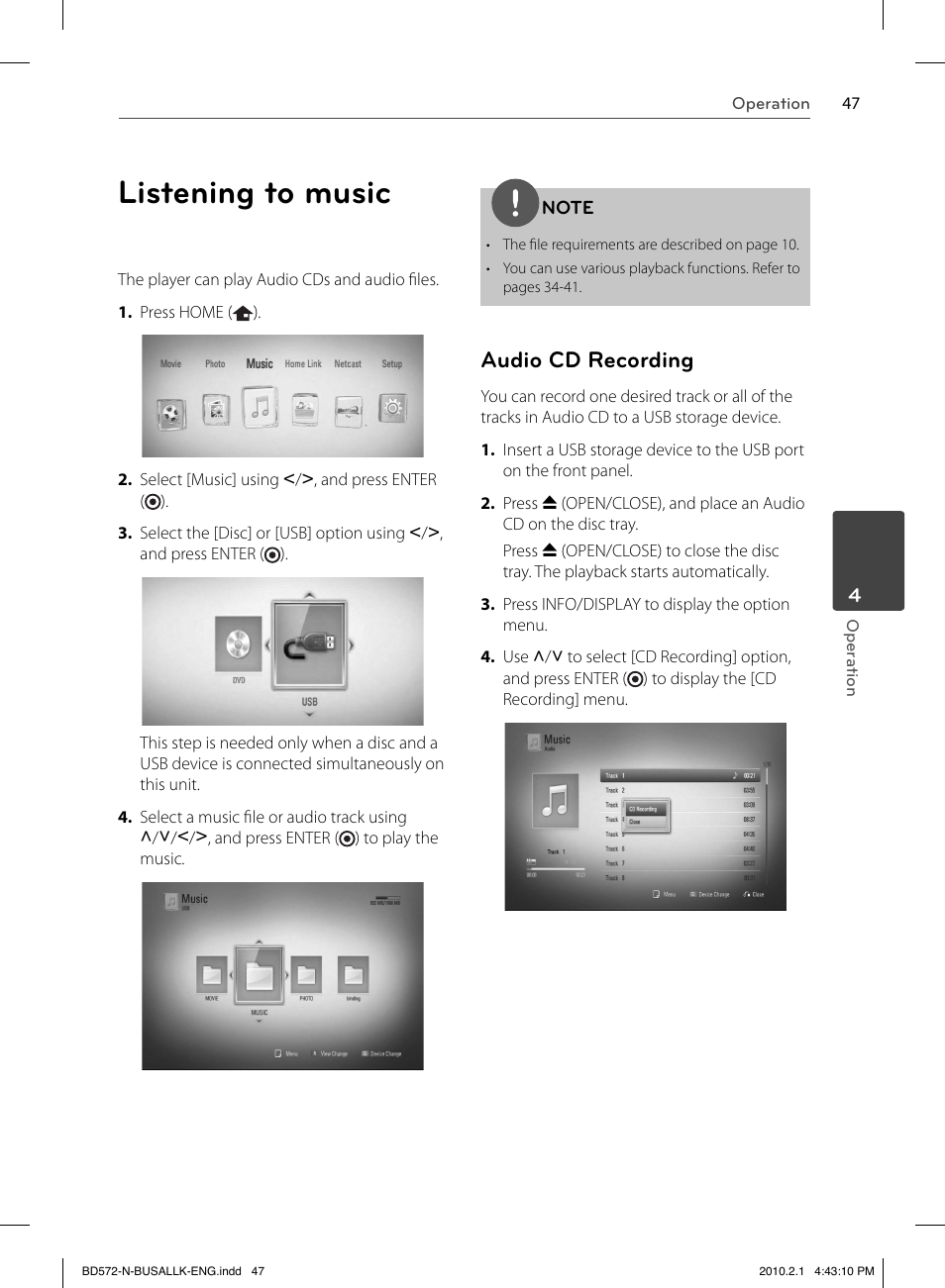 Listening to music, Audio cd recording | LG LASER SYSTEM - D??SC BD570 User Manual | Page 47 / 92
